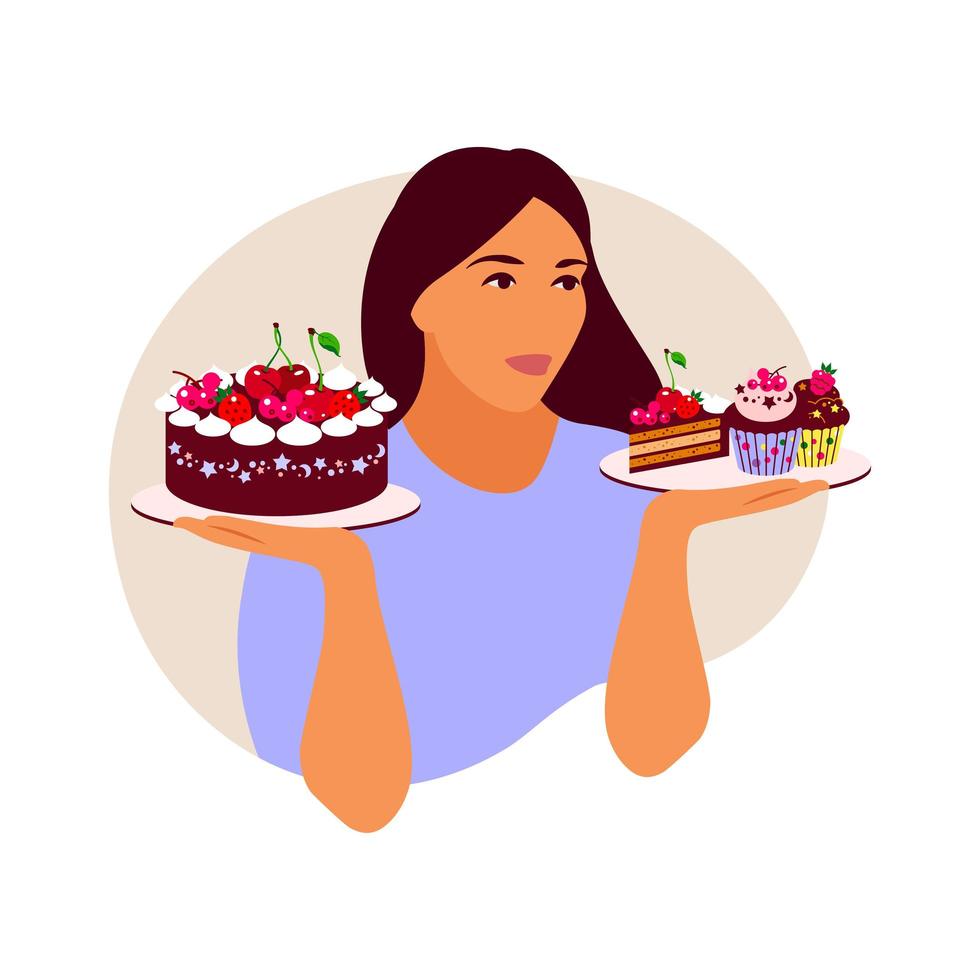 concetto di disturbo alimentare. donna che divora avidamente torta e cupcake. illustrazione vettoriale. piatto vettore