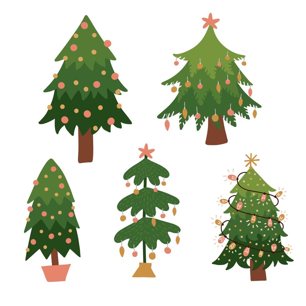 felice collezione di alberi di natale. graziosi elementi isolati per il design dei bambini. illustrazione disegnata a mano piatta vettoriale