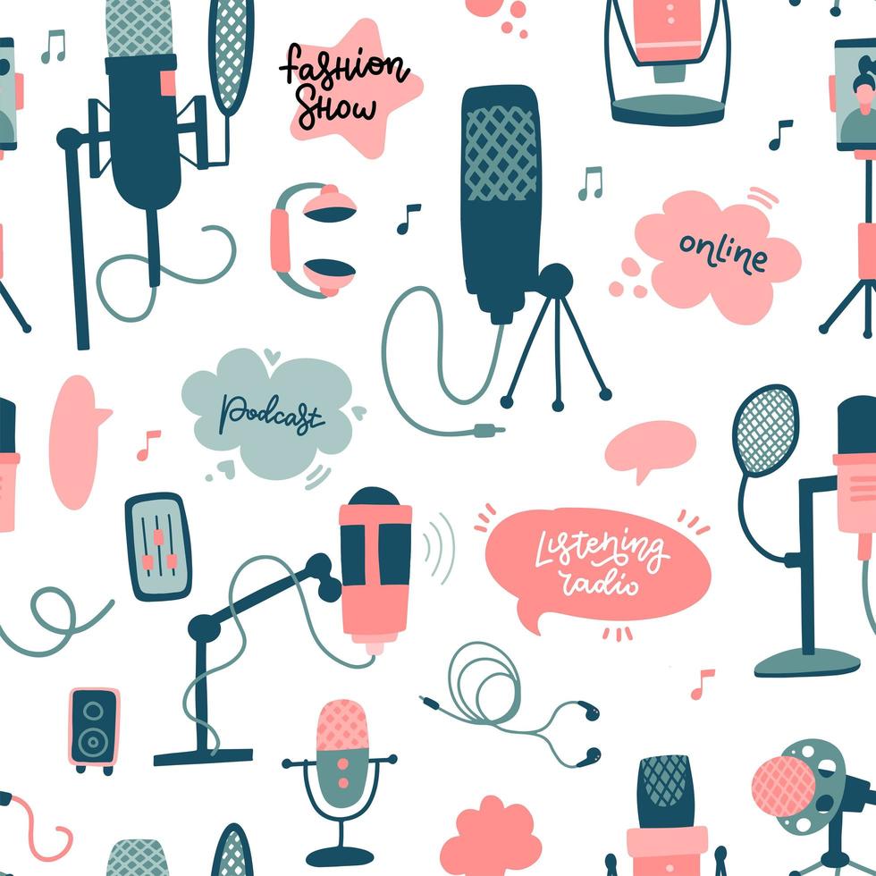 podcast piatto disegnato a mano doodle elementi senza cuciture. microfono con nuvoletta. illustrazione vettoriale. vettore