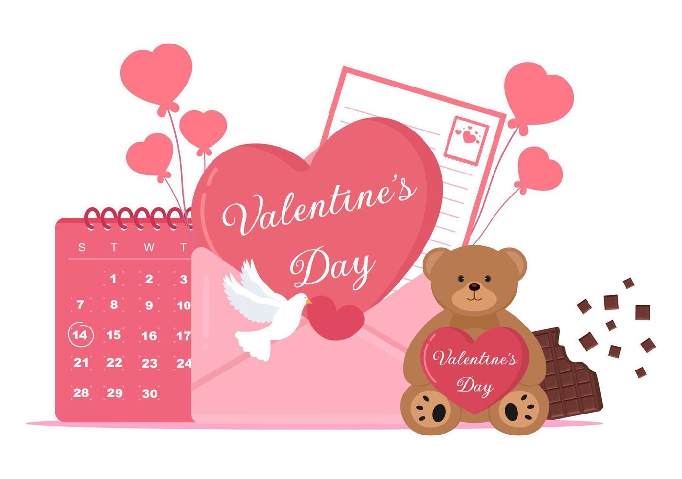 buon San Valentino design piatto illustrazione che viene commemorato il 17 febbraio con orsacchiotto, cioccolato e regalo per biglietto di auguri d'amore vettore