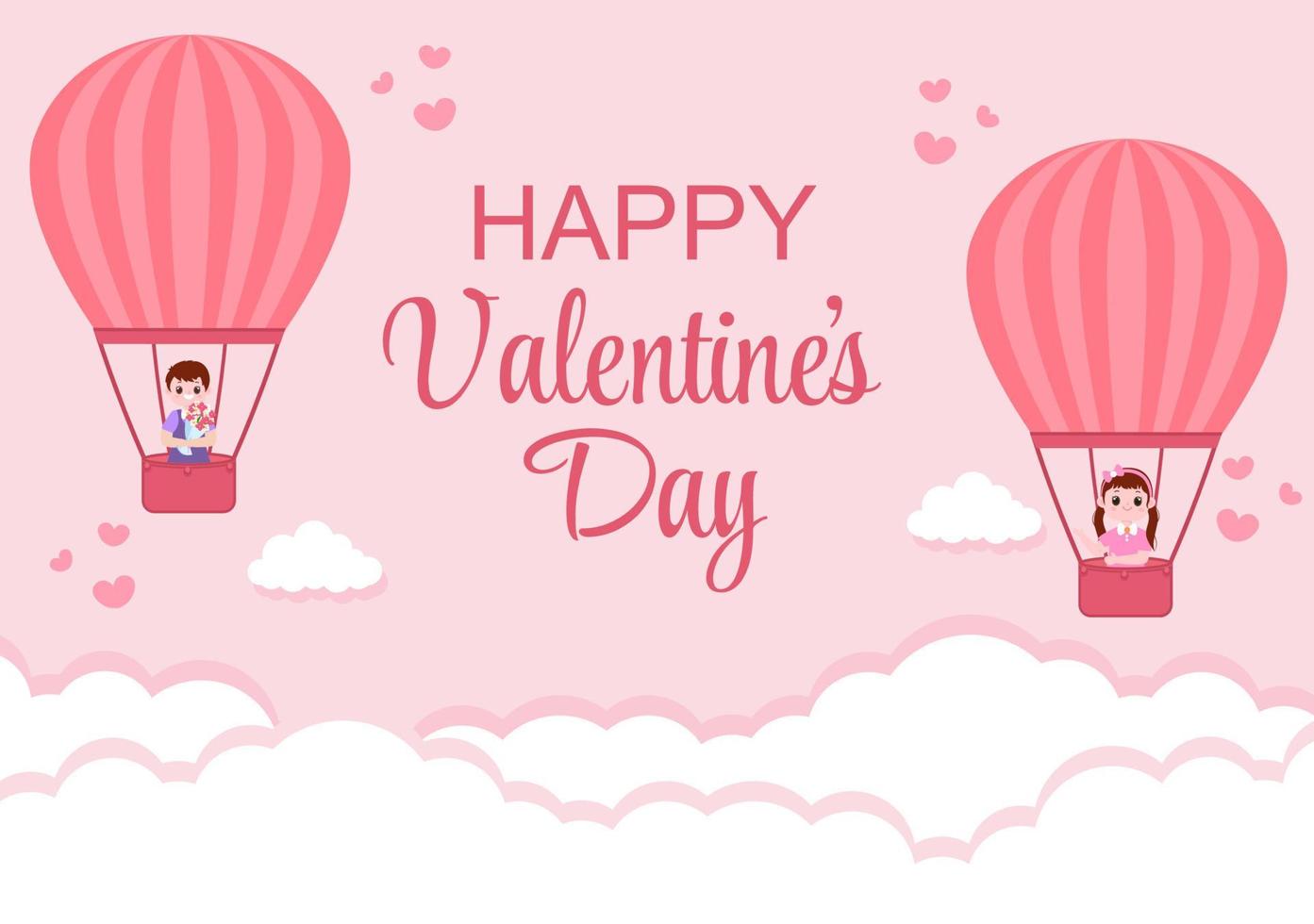 buon San Valentino design piatto illustrazione che viene commemorato il 17 febbraio con orsacchiotto, mongolfiera e regalo per biglietto di auguri d'amore vettore