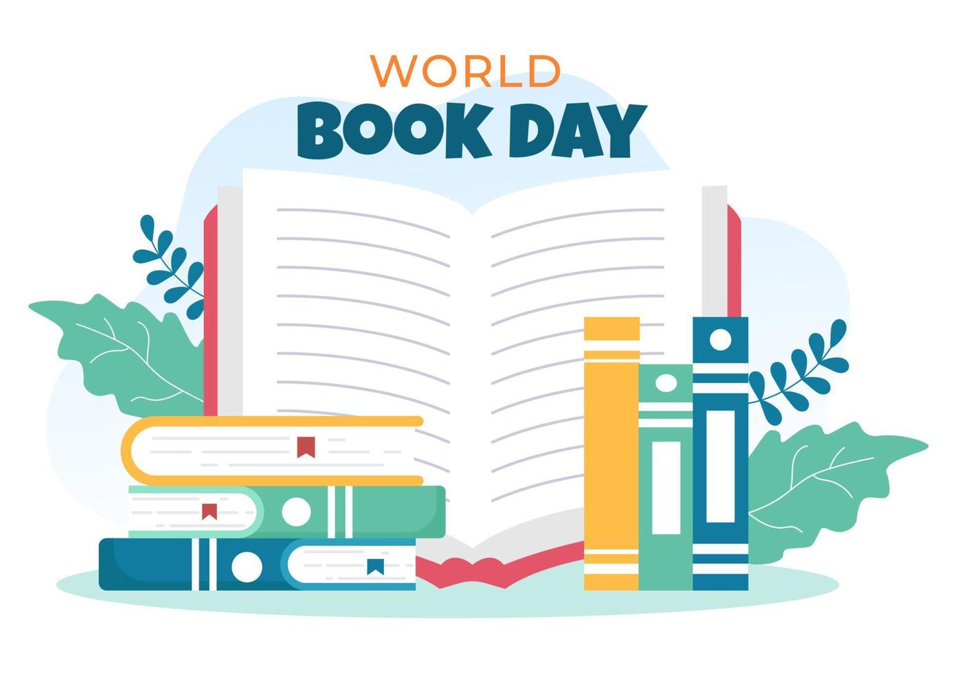 illustrazione piana del fondo del fumetto della giornata mondiale del libro. pila di libri da leggere, aumentare l'intuizione e la conoscenza adatta per carta da parati o poster vettore
