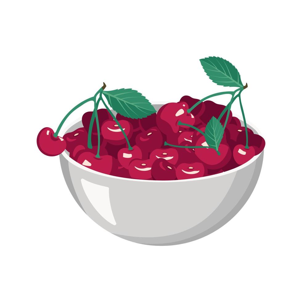bacca rossa ciliegia in ciotola di metallo. cibo dolce gustoso e spuntino. prodotto naturale adatto ai vegetariani. una fonte di vitamine e allergie. illustrazione piatta vettoriale