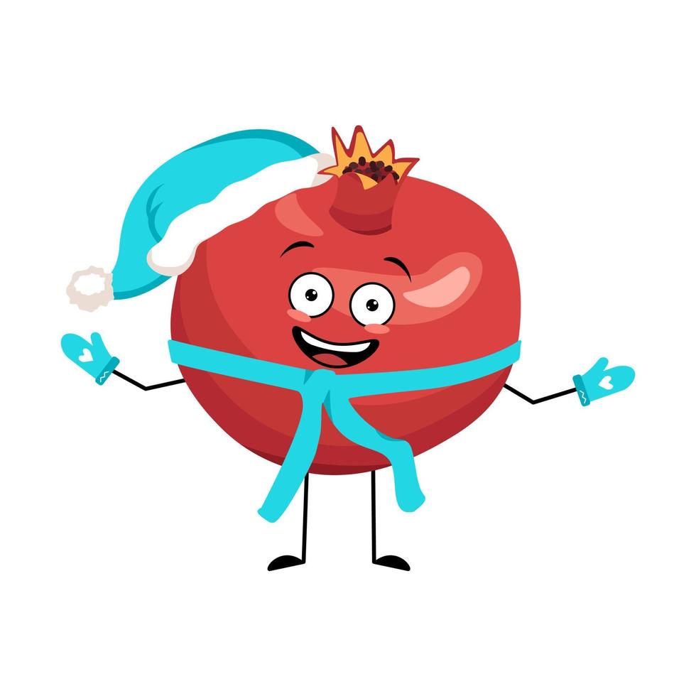 personaggio melograno con cappello da Babbo Natale con emozione felice, viso gioioso, occhi sorridenti, braccia e gambe. persona con espressione felice, emoticon di frutta rossa. illustrazione piatta vettoriale