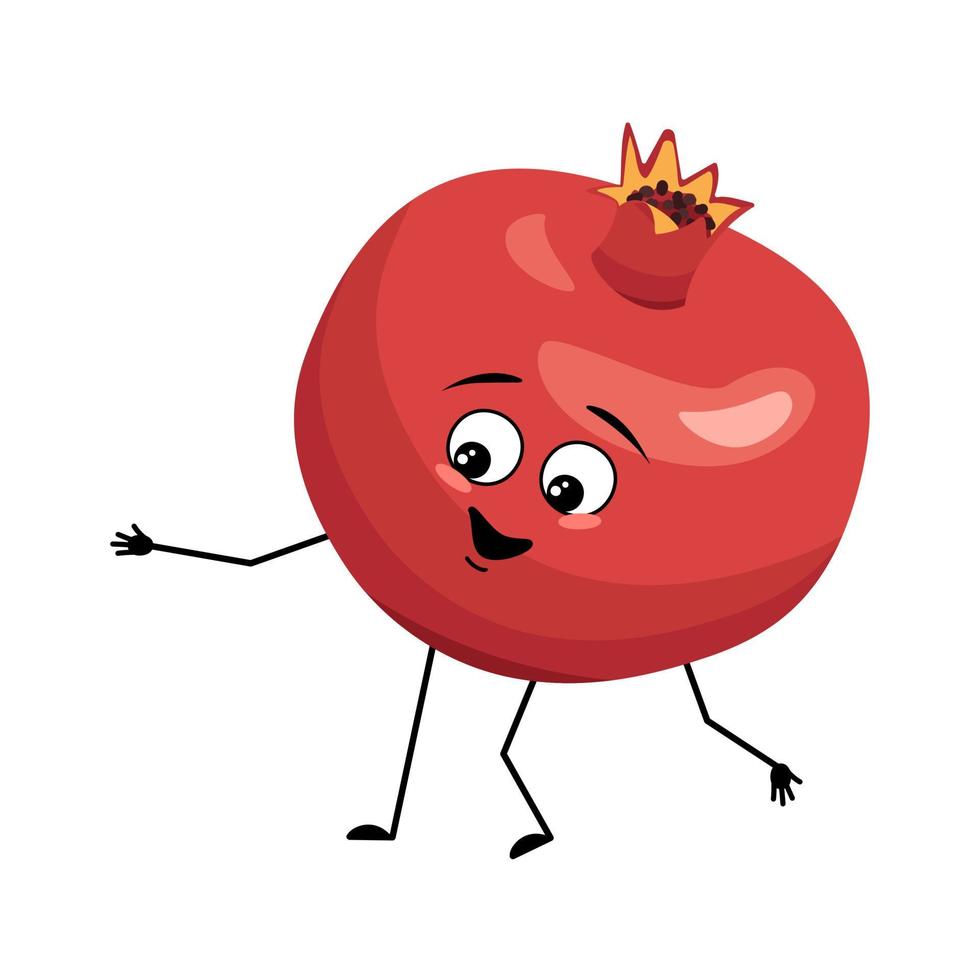 personaggio melograno con emozione felice, viso gioioso, occhi sorridenti, braccia e gambe. persona con espressione felice, emoticon di frutta rossa. illustrazione piatta vettoriale