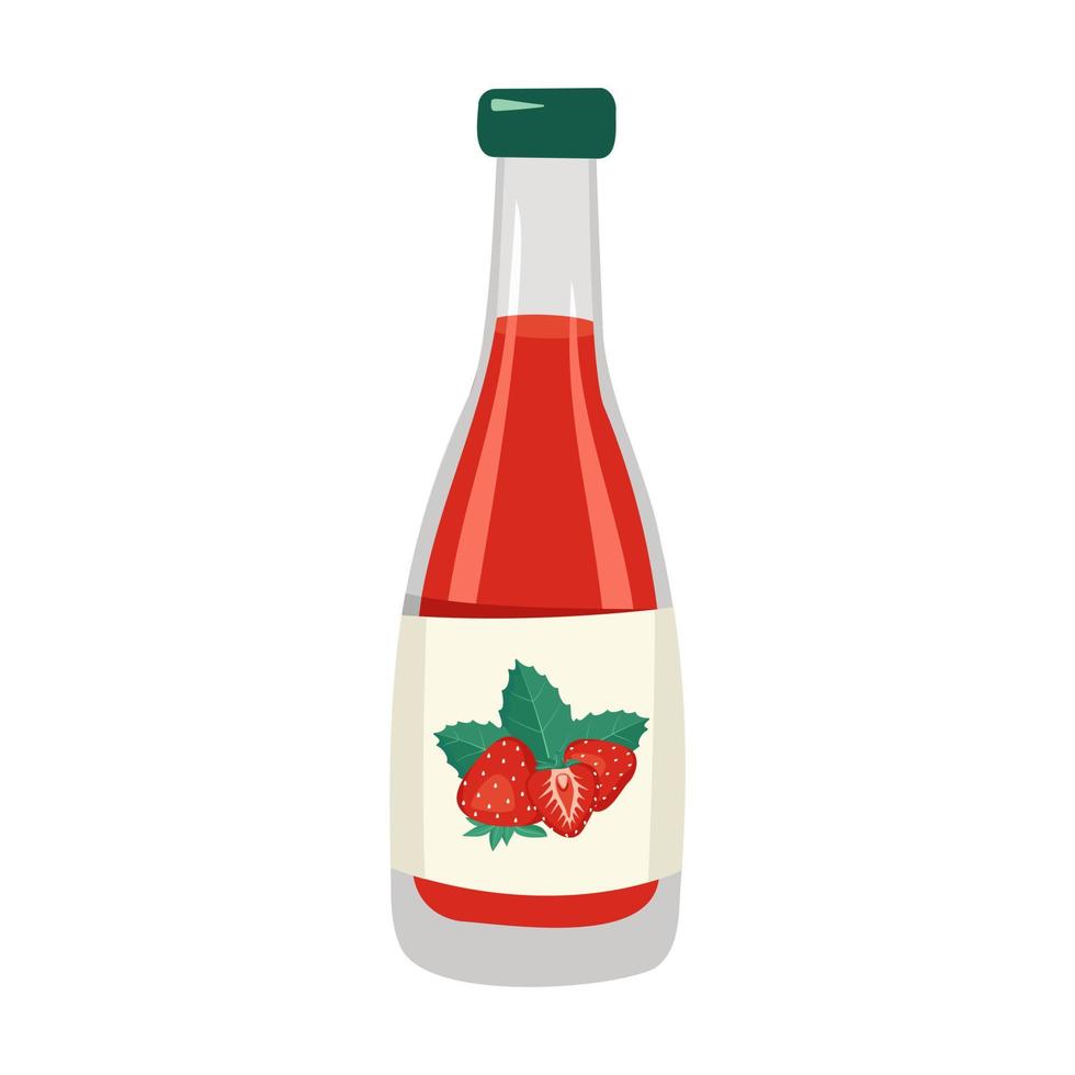 bottiglia di vetro di succo di fragola rossa o bevanda. cibi e bevande dolci e deliziosi. illustrazione piatta vettoriale
