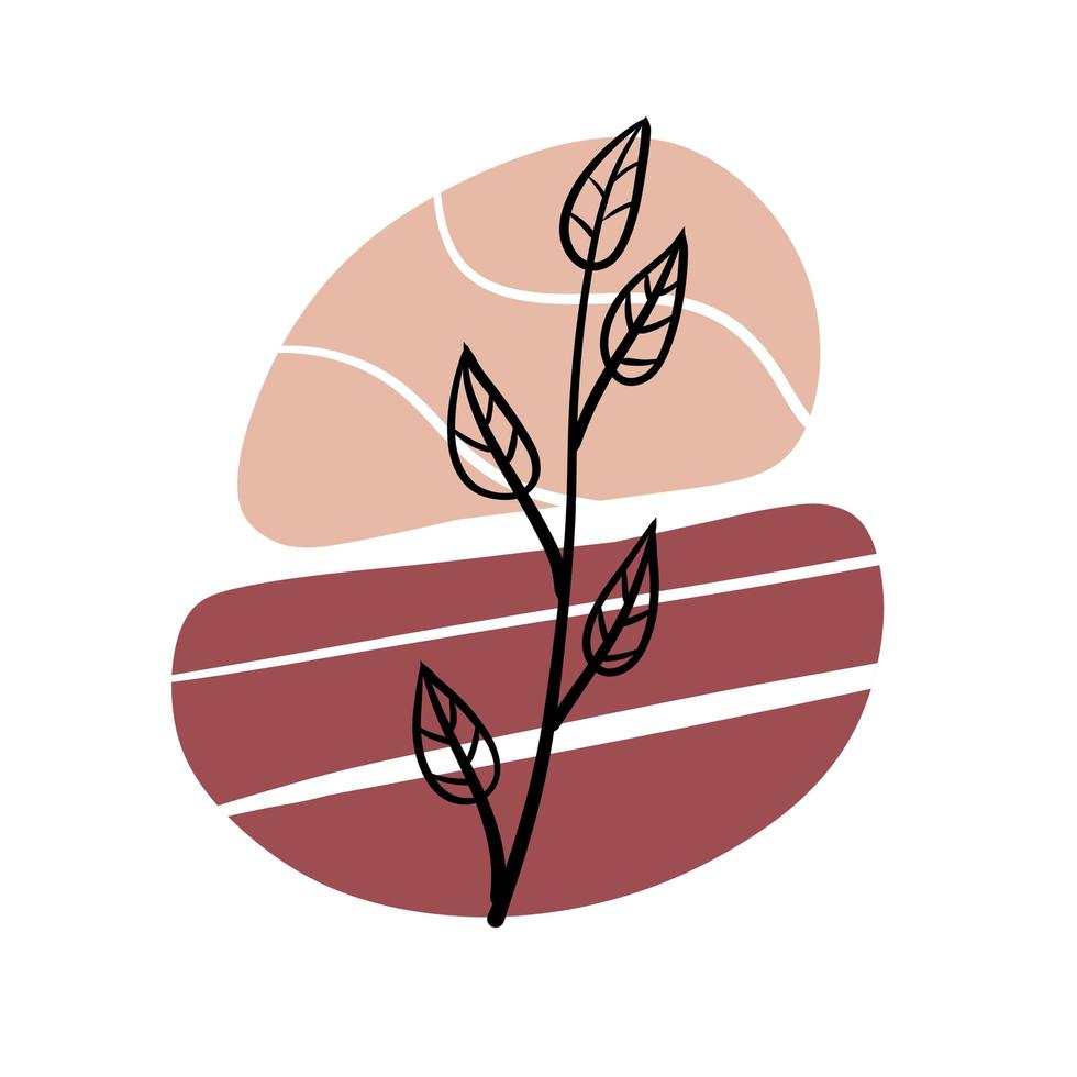 pianta su sfondo di macchie colorate. ramo botanico nero e motivo geometrico astratto marrone in stile minimalista. oggetto di linea doodle vettore