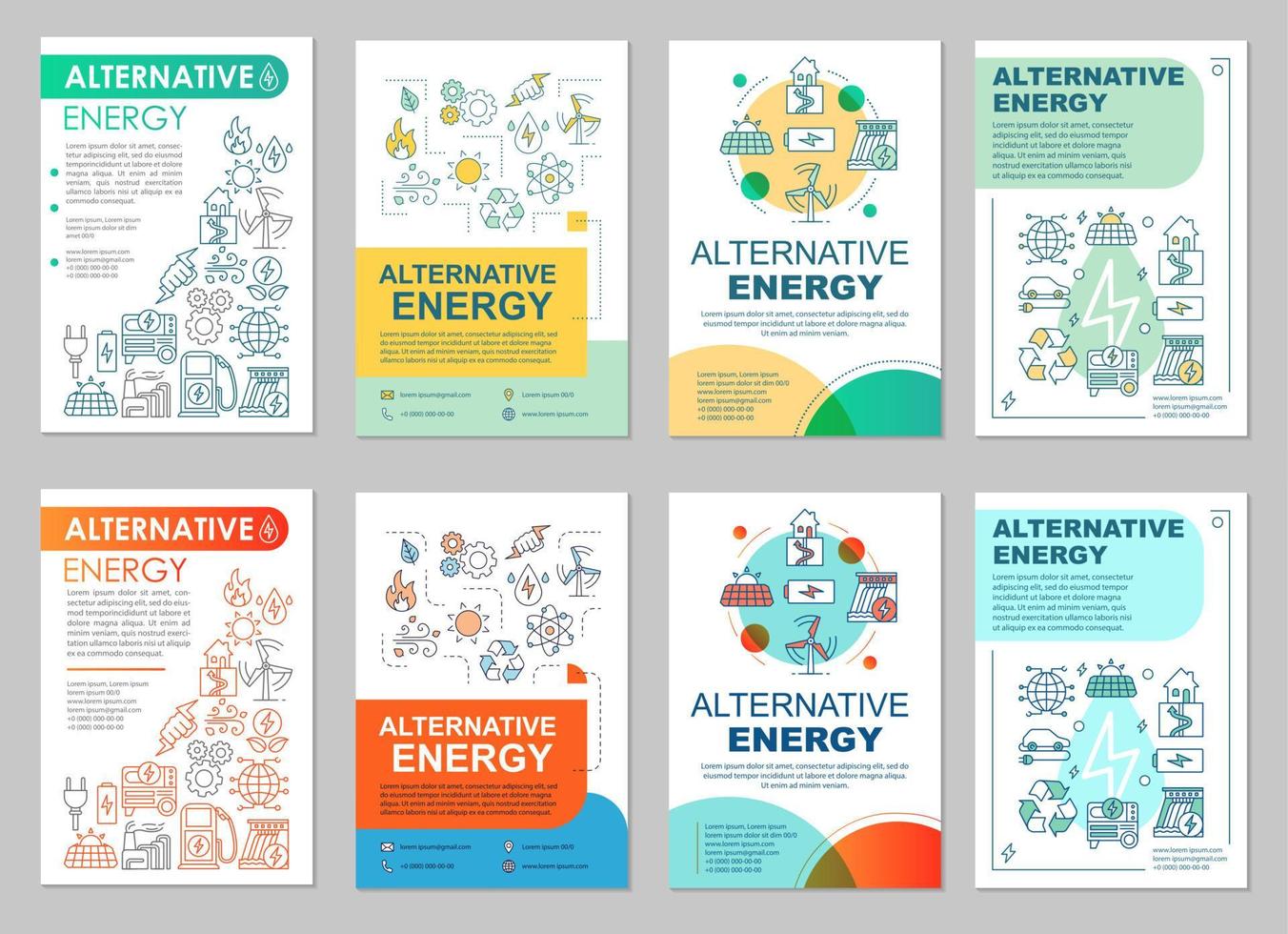 layout opuscolo energie alternative. energia ecologica. volantino, opuscolo, design di stampa di volantini con illustrazioni lineari. produzione di energia. layout di pagina vettoriali per riviste, relazioni annuali, poster pubblicitari