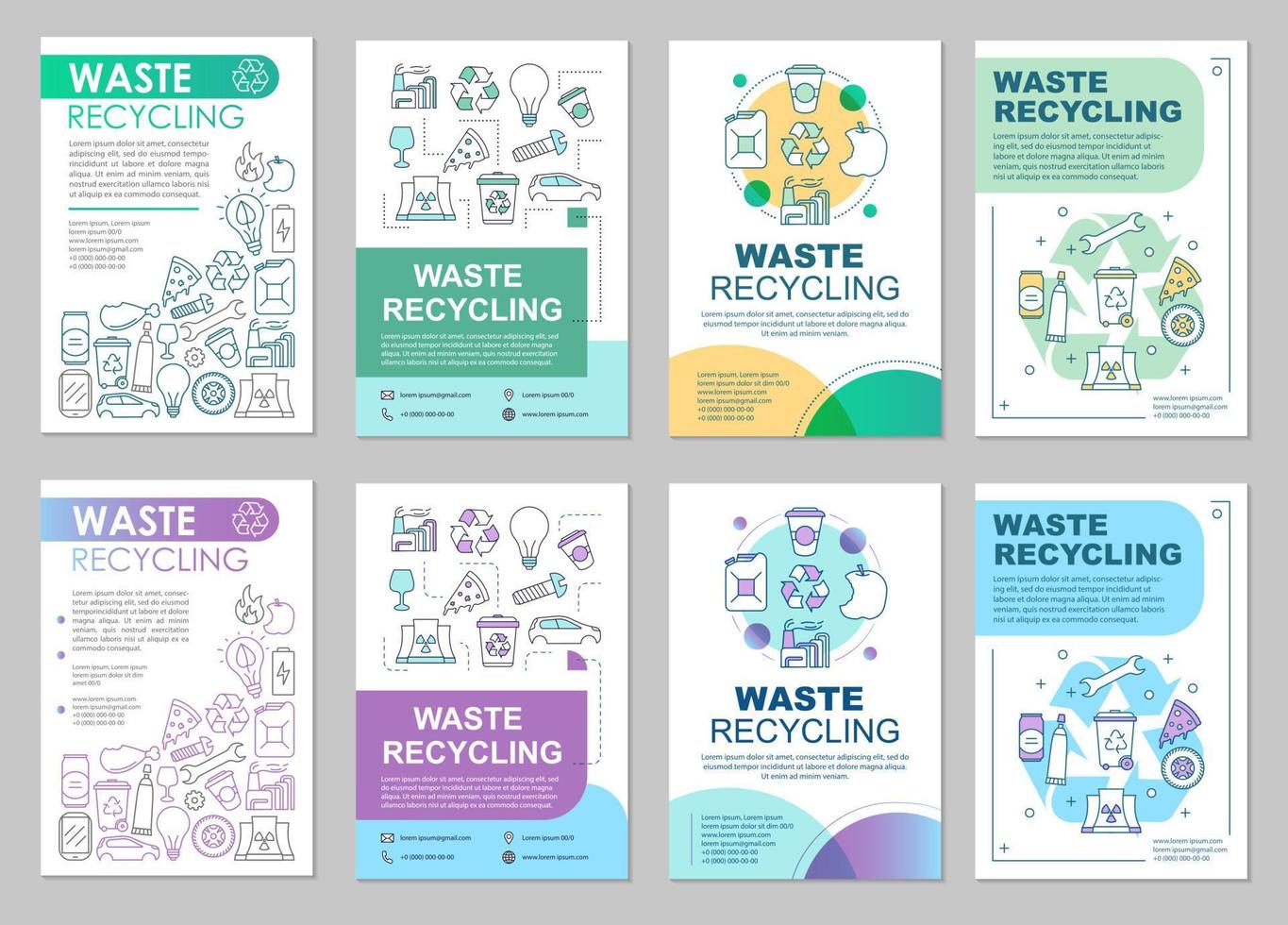 layout del modello di brochure sulla gestione dei rifiuti. sorta di spazzatura. volantino, opuscolo, stampa di volantini con illustrazioni lineari. riciclaggio dei rifiuti. layout di pagina vettoriale per riviste, report, manifesti pubblicitari