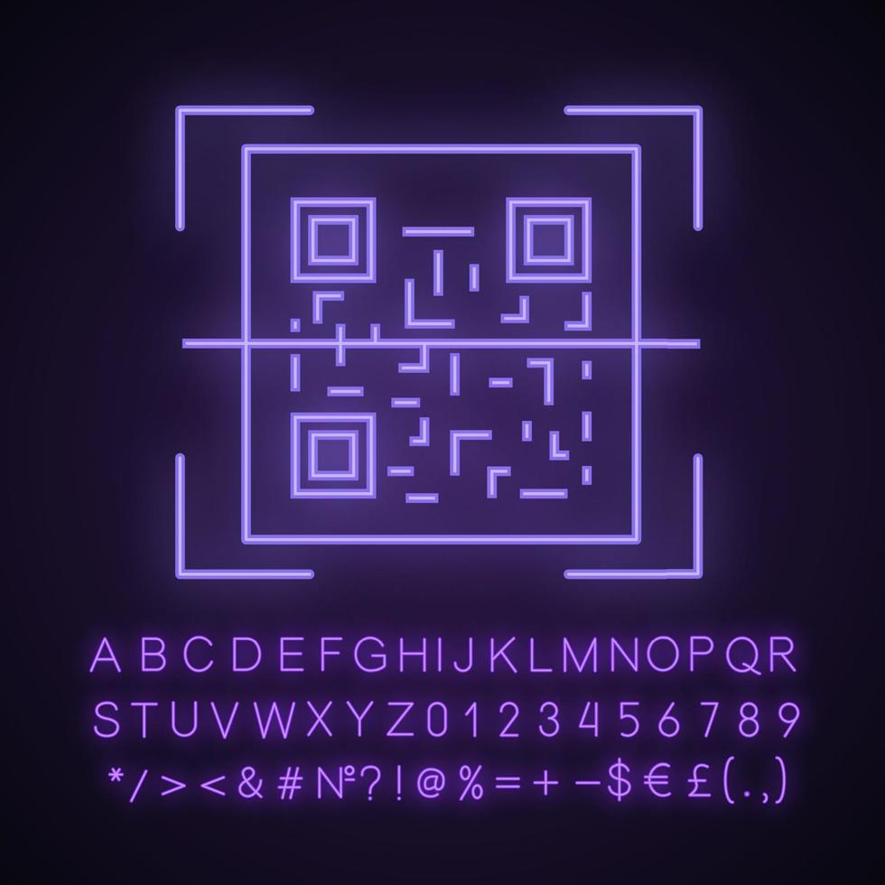 icona della luce al neon dello scanner di codici QR. codice di risposta rapida. app per la scansione di codici a barre a matrice. segno luminoso con alfabeto, numeri e simboli. illustrazione vettoriale isolato