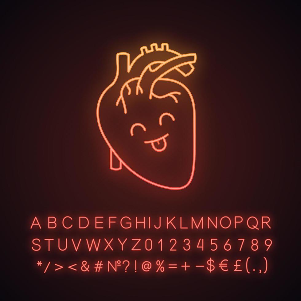 icona della luce al neon di anatomia del cuore umano sorridente. salute del sistema cardiovascolare. organo interno sano. segno luminoso con alfabeto, numeri e simboli. illustrazione vettoriale isolato