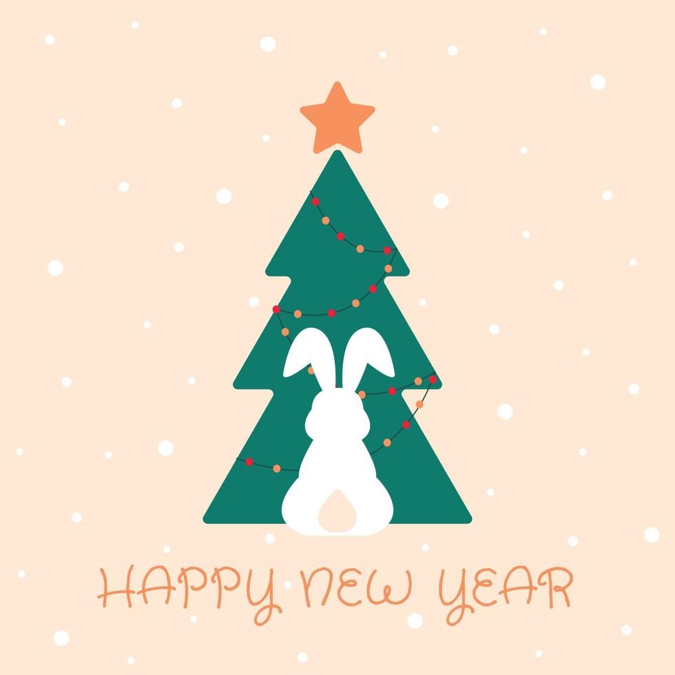 biglietto di auguri di felice anno nuovo, poster, con sagoma di coniglietto carino e dolce sullo sfondo dell'albero di natale vettore