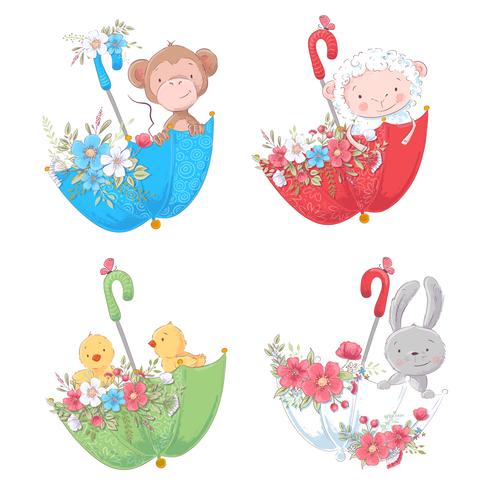 Metta la scimmia degli animali svegli del fumetto, i polli delle pecore e il coniglietto in ombrelli con i fiori per l&#39;illustrazione dei bambini. Vettore