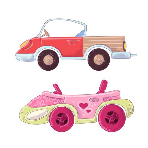 Set di camion simpatico cartone animato e cabriolet per l&#39;illustrazione di bambini. Vettore in mano stile di disegno.