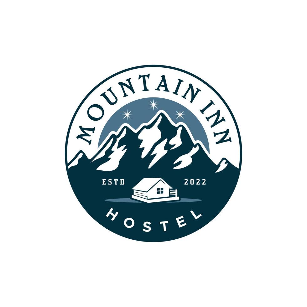 vista sulle montagne con l'icona della casa, logo per l'ispirazione del design dell'affitto della cabina dell'ostello dell'hotel vettore