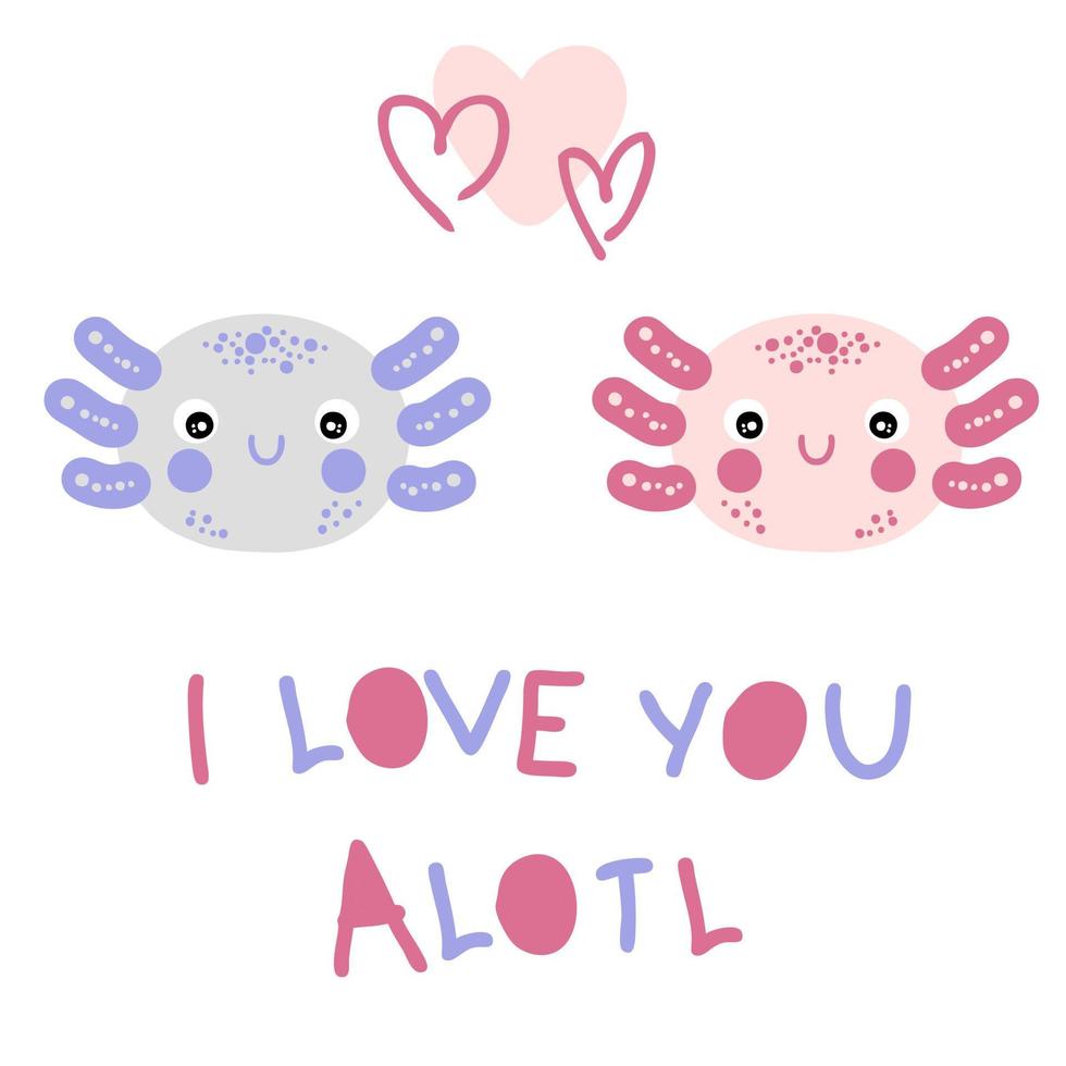 due facce di axolotl disegnate a mano e testo ti amo alotl. vettore