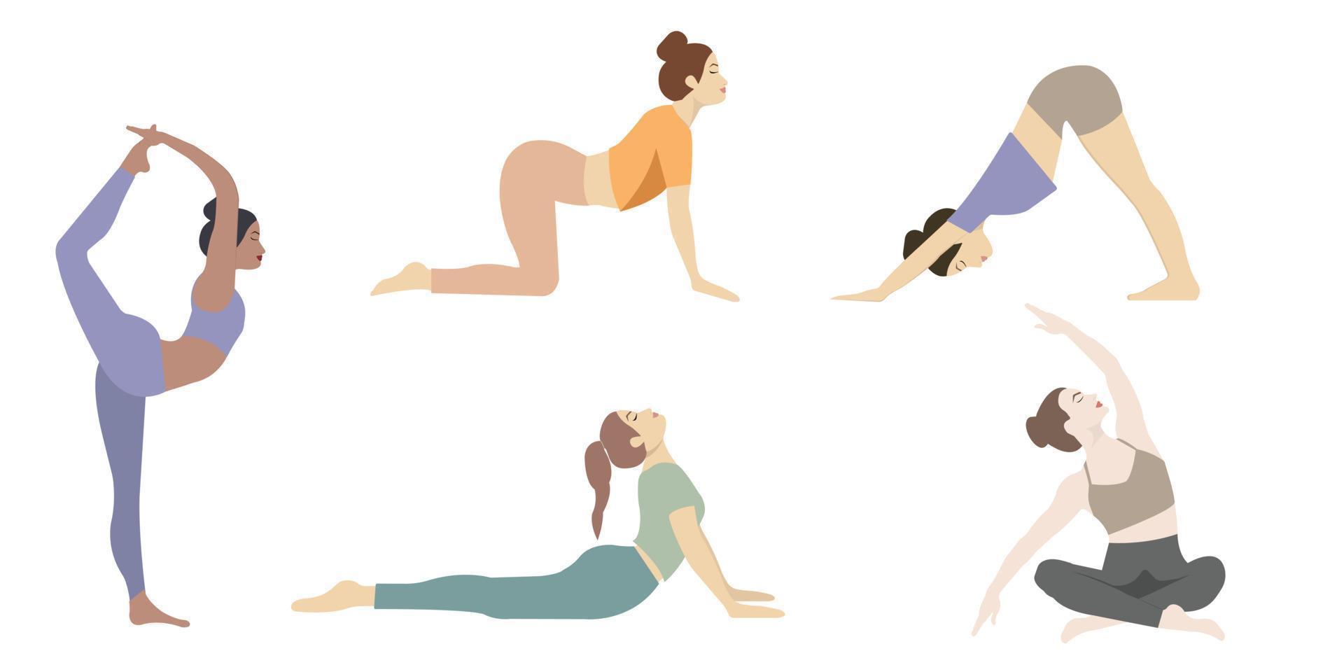 sagome di donne. raccolta di posizioni yoga. set di asana. illustrazione vettoriale. vettore