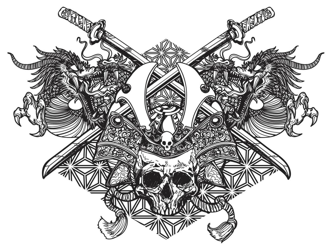 arte del tatuaggio testa di guerriero spada giapponese e drago disegno letteratura disegno a mano schizzo vettore