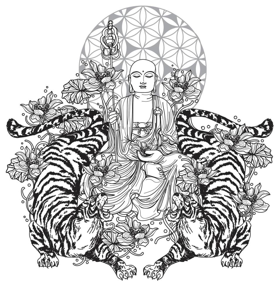 arte del tatuaggio buddha china design su loto e tigre disegno a mano e schizzo vettore