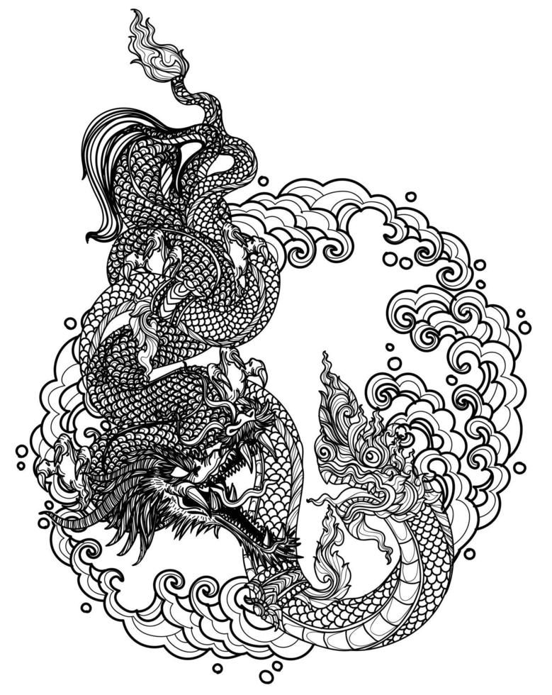 arte del tatuaggio drago tailandese e drago cinese disegno a mano e schizzo in bianco e nero vettore