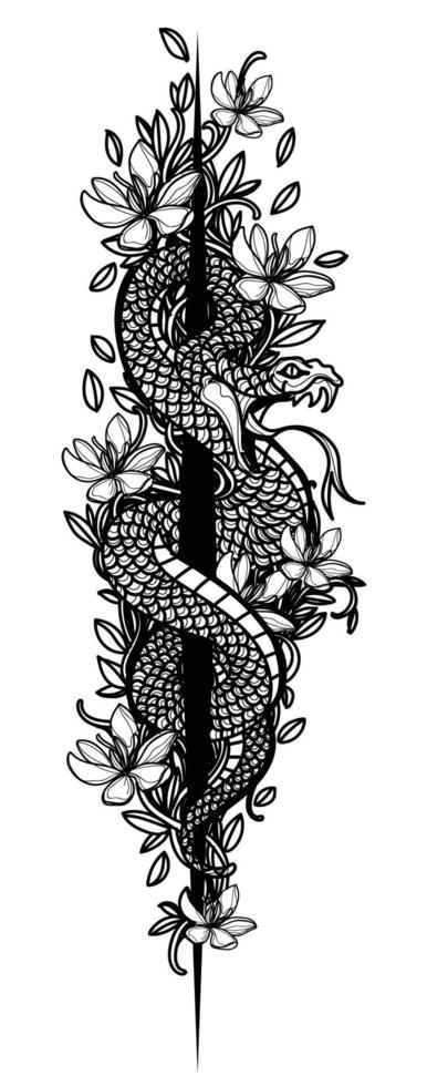 tatuaggio arte snak e disegno floreale e schizzo in bianco e nero vettore