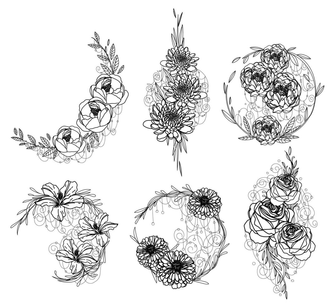 grafica di arte del tatuaggio disegno di fiori e schizzo in bianco e nero vettore