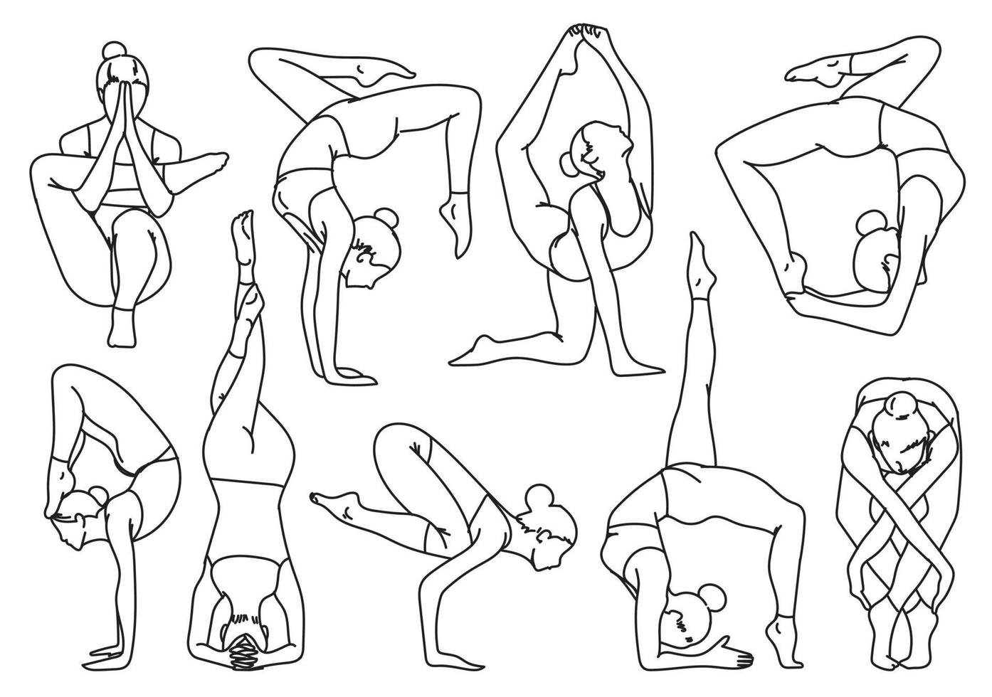 sagome ragazza che pratica yoga esercizi di stretching disegno a mano e schizzo vettore