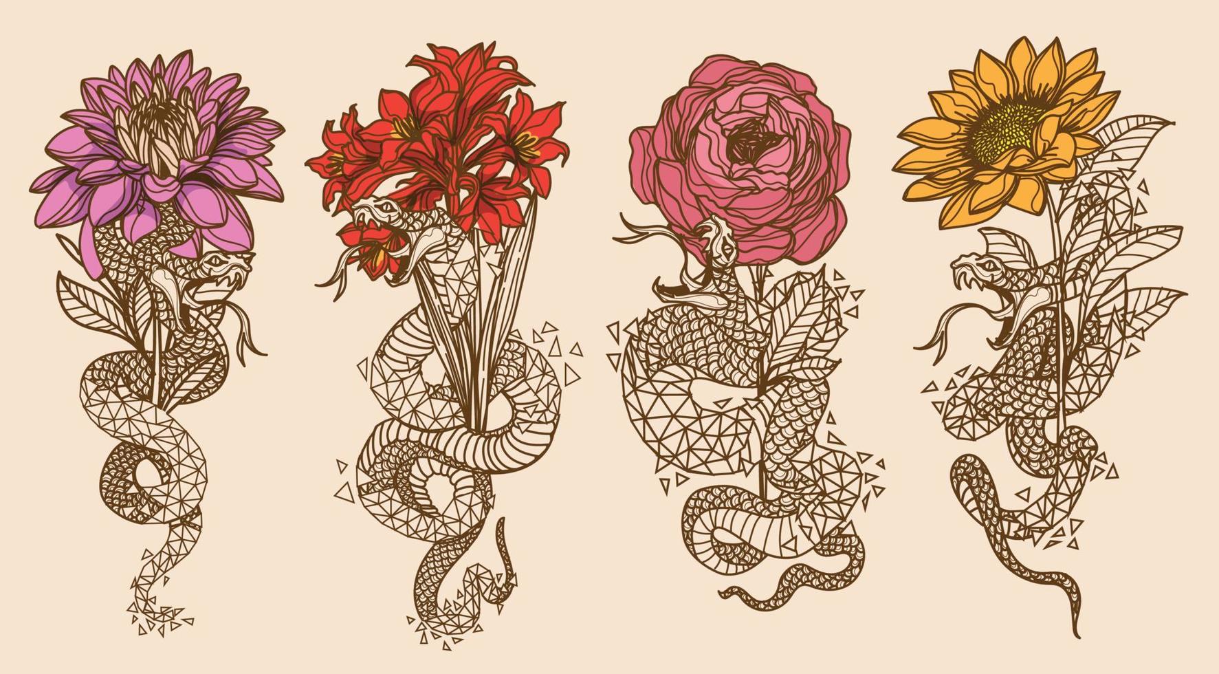 tatuaggio arte snak e disegno floreale e schizzo a colori vintage vettore