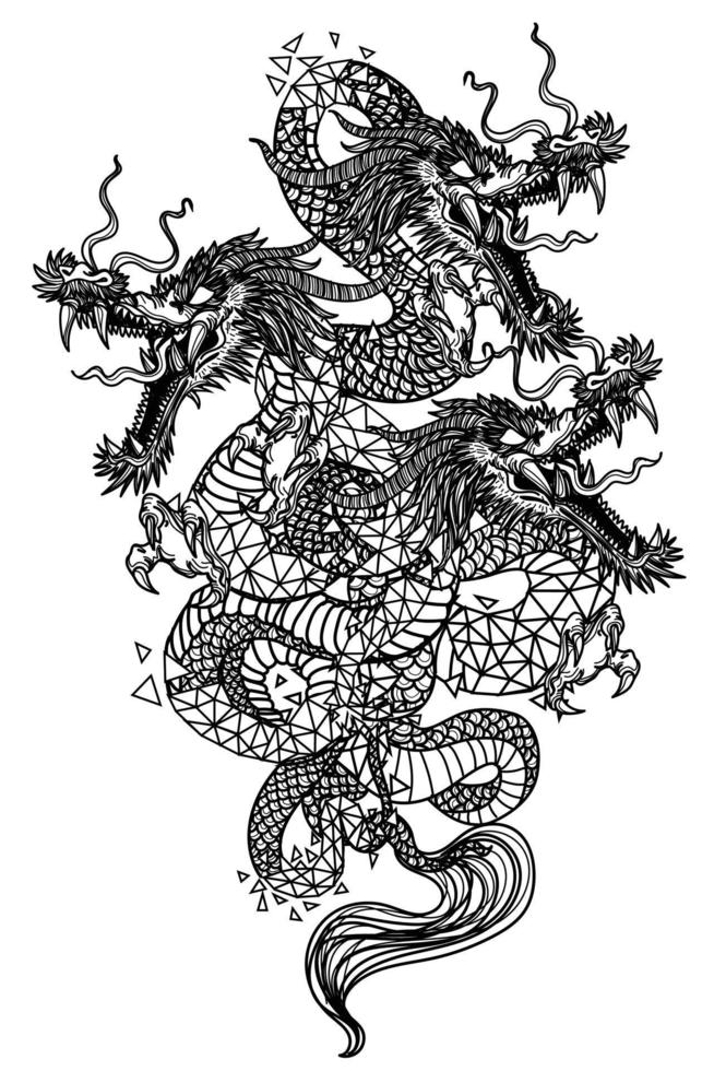arte del tatuaggio a tre teste dragon fly disegno a mano schizzo in bianco e nero vettore