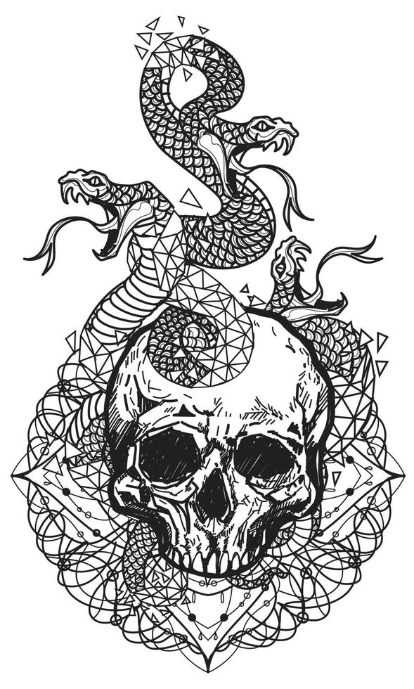 tatuaggio arte serpente e teschio modello disegno e schizzo in bianco e nero vettore