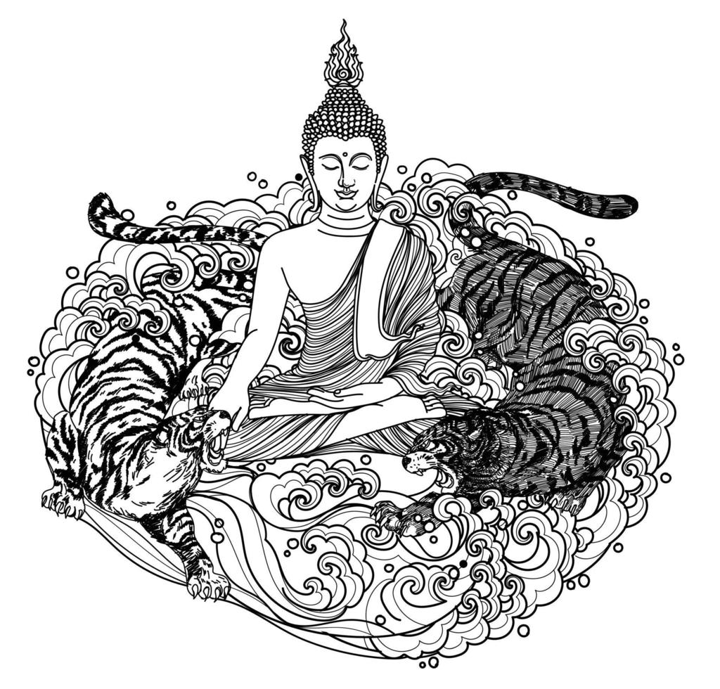 arte del tatuaggio buddha design tailandese e disegno a mano di tigre e schizzo vettore