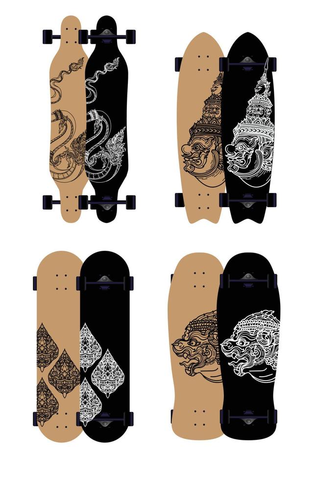 skateboard surf skate longboard style set desing modello tailandese, gigante, grande serpente, scimmia vettore