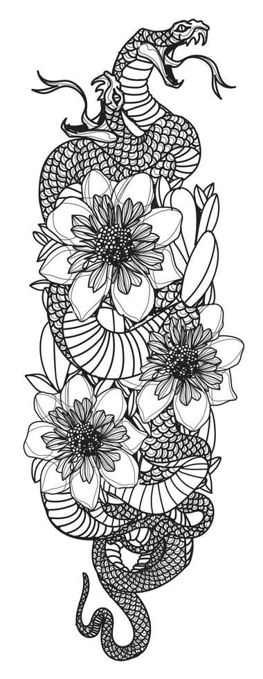 tatuaggio arte snak e disegno floreale e schizzo in bianco e nero vettore