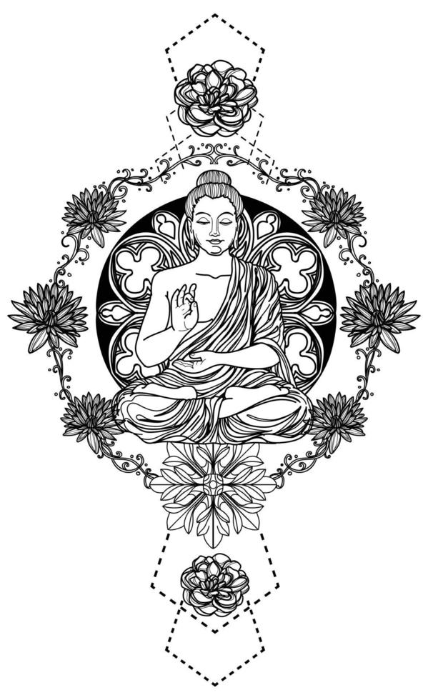 arte del tatuaggio buddha design tailandese disegno a mano e schizzo vettore