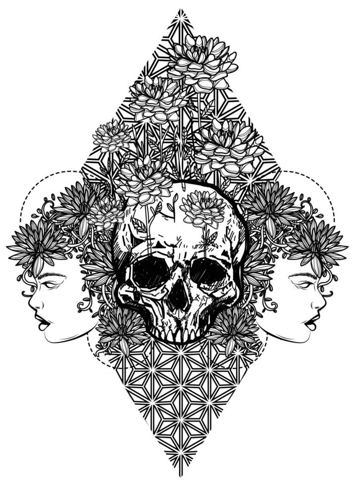 tatuaggio arte teschio e donne disegno schizzo in bianco e nero vettore