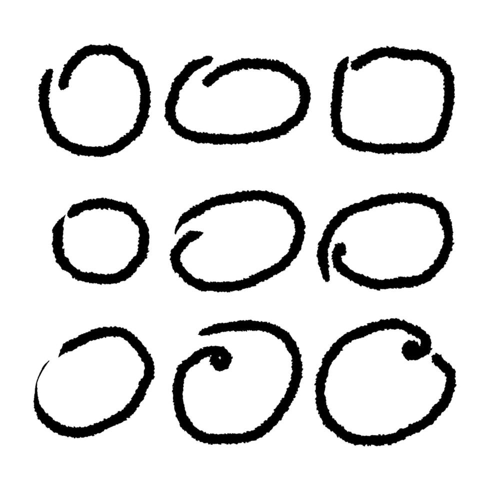 set di cerchi di linea doodle disegnati a mano e cornici e bordi ovali grunge. illustrazione vettoriale nera isolata su sfondo bianco