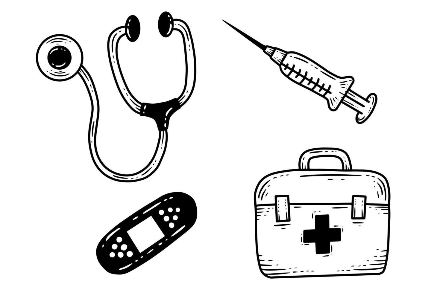 impostare strumenti per la salute medica stetoscopio pillole iniettore vaccino line art illustrazione vettore