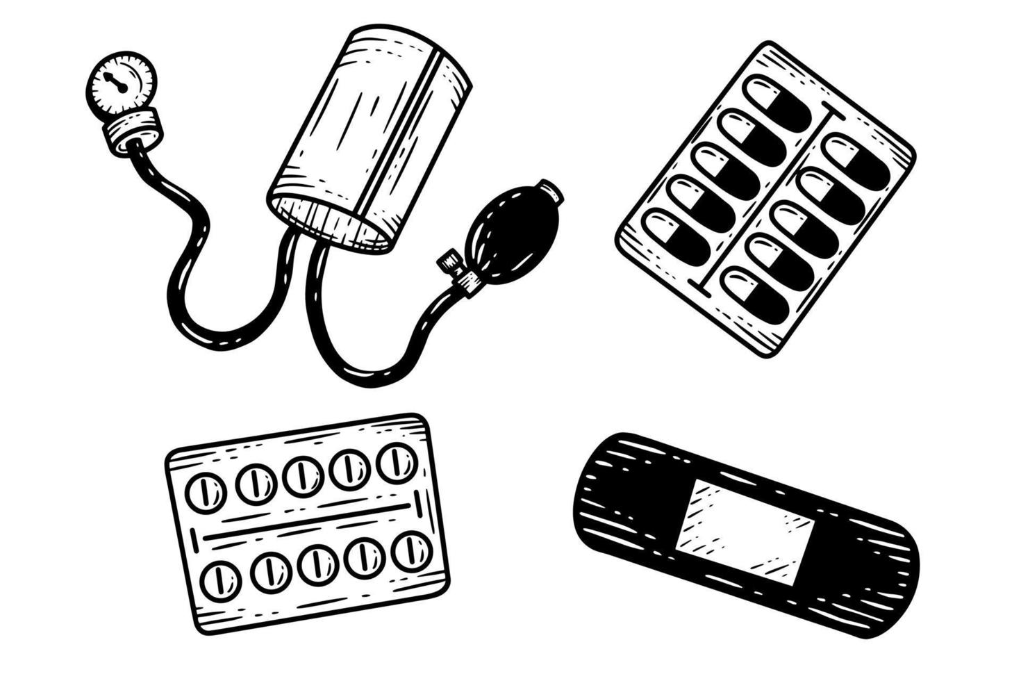impostare strumenti per la salute medica pillole per la tensione vitamine linea arte illustrazione vettore