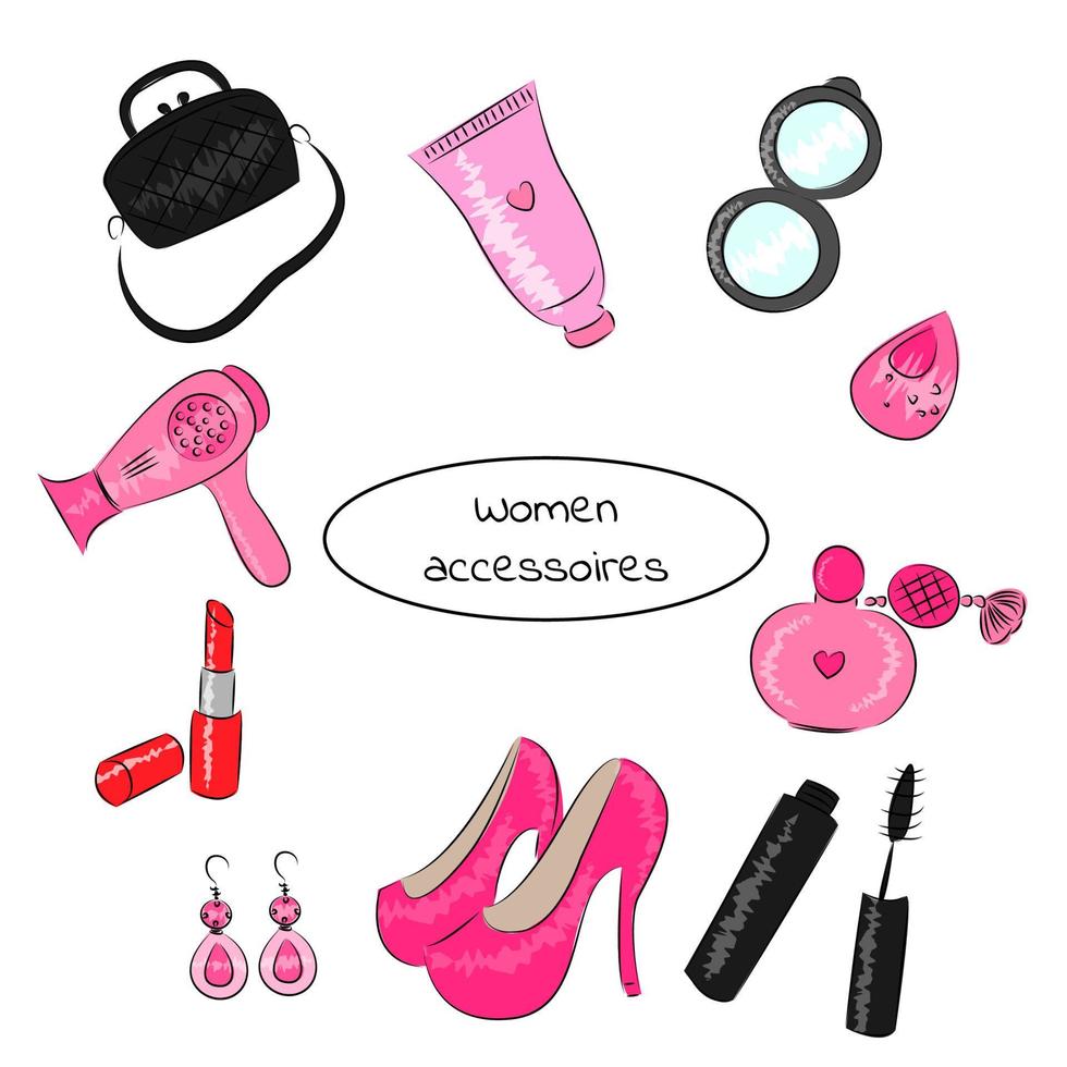 set di borse da donna alla moda per cosmetici e accessori, scarpe col tacco, rossetto, profumo, orecchini, spugna per mascara, specchio, asciugacapelli, crema, stile doodle alla moda per decorare tessuti vettore