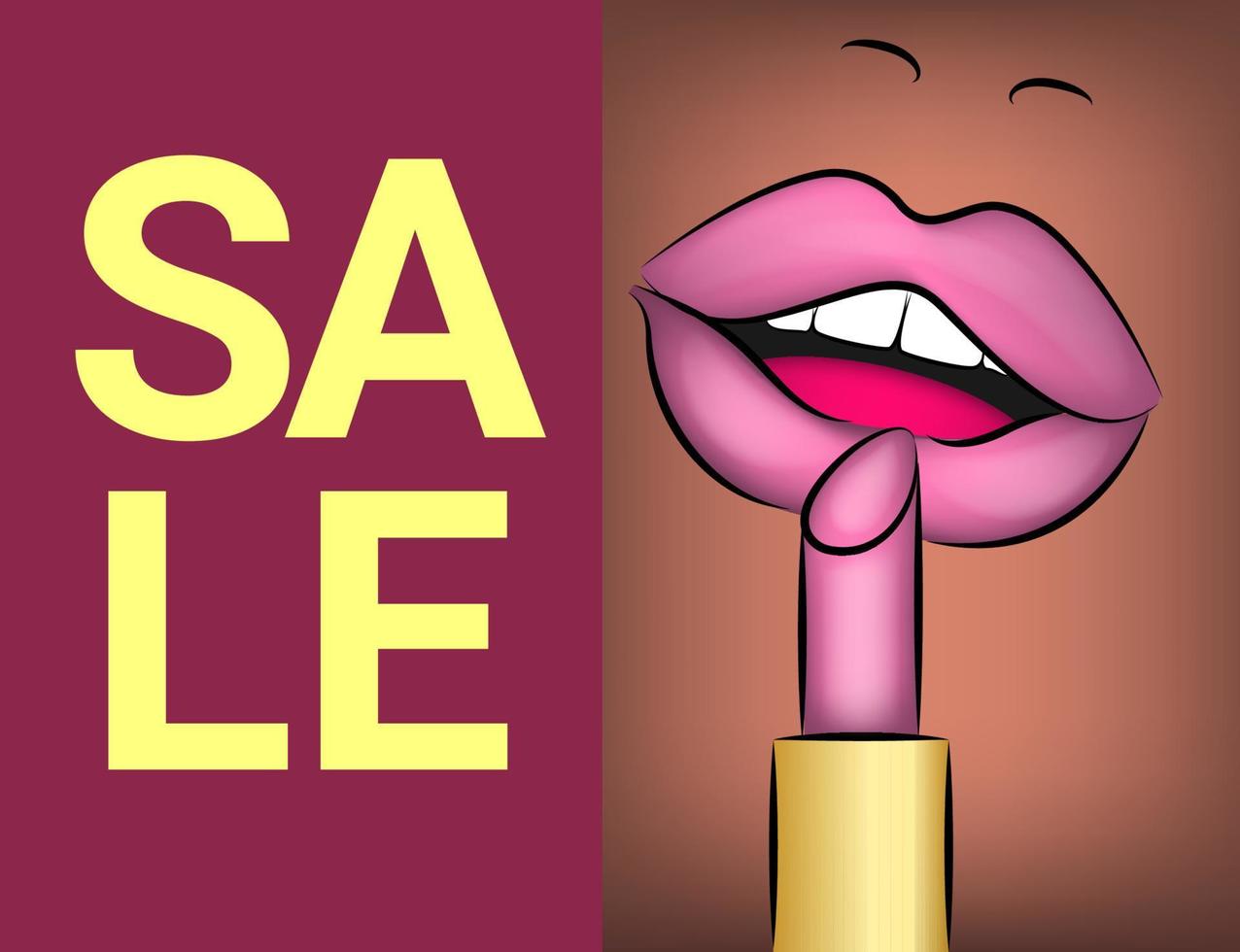 sconto cosmetici labbra sexy e modello di rossetto, per la promozione di marchi di cosmetici, sfondo rosa di lusso come design per le vacanze, illustrazione vettoriale