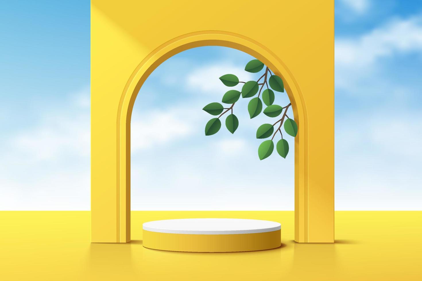 podio realistico con piedistallo cilindrico giallo 3d con cielo azzurro nuvola e foglia verde in scena a forma di arco. scena minima per vetrina di prodotti, esposizione di promozione scenica. piattaforma della stanza dello studio astratto di vettore. vettore