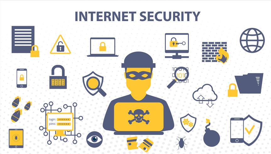Internet Security Doodle concetto di dati online e soluzioni di protezione della rete informatica cyber. vettore