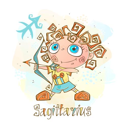 Icona oroscopo per bambini. Zodiac per bambini. Segno Sagittario. Vettore. Simbolo astrologico come personaggio dei cartoni animati. vettore