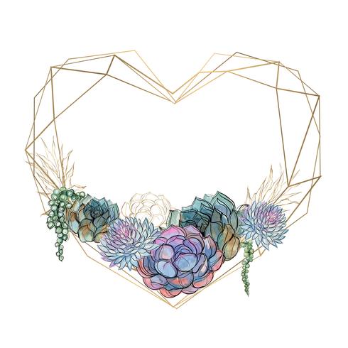 Cornice cuore oro con succulente. San Valentino. Watercolor.Graphics. Vettore. vettore