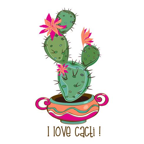 Cactus in una bella pentola di terracotta. Iscrizione. Amo i cactus Vettore