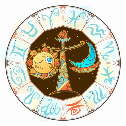 Icona dell&#39;oroscopo per bambini. Zodiac per bambini. Segno di Bilancia Vettore. Simbolo astrologico come personaggio dei cartoni animati. vettore