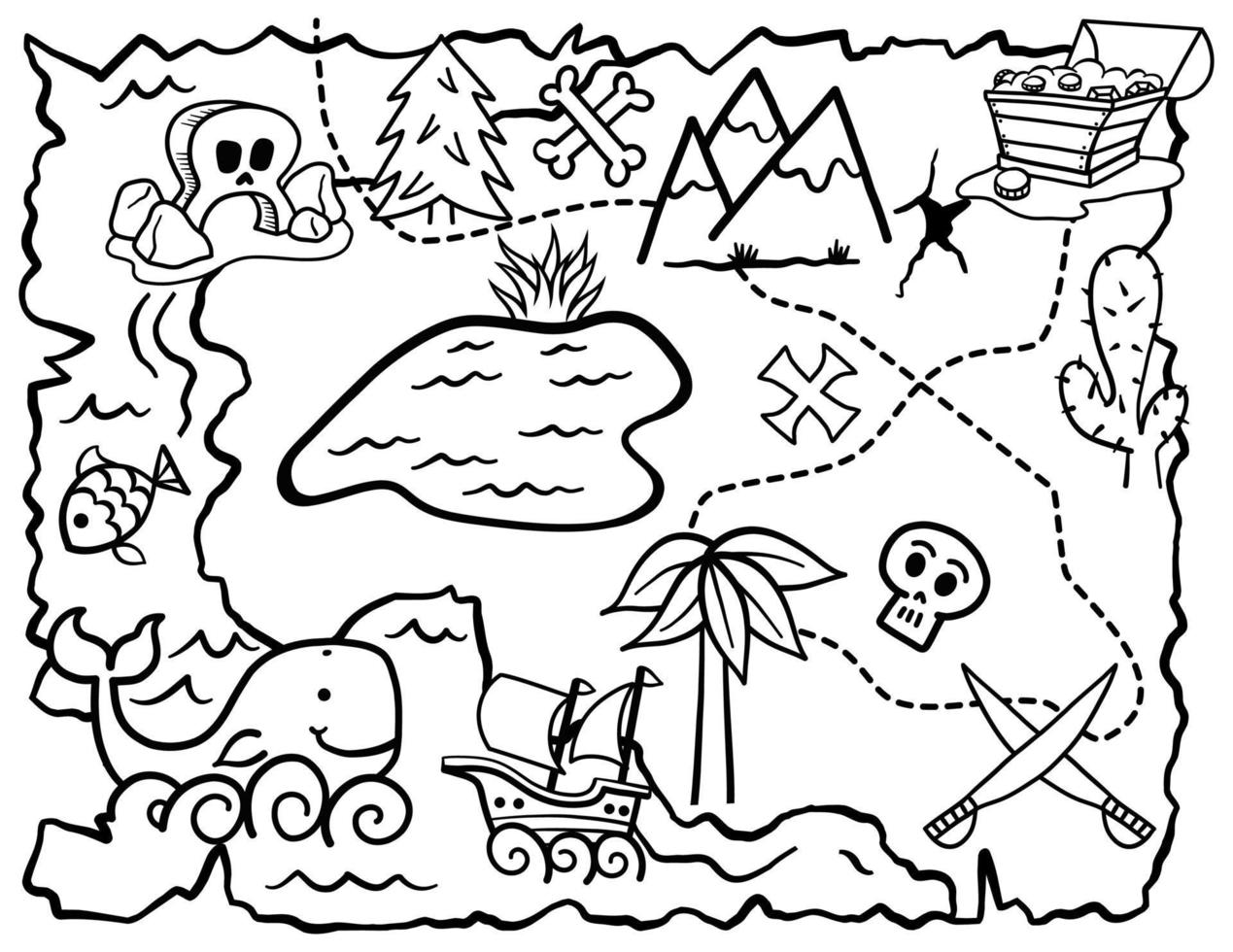 Pagina da colorare di attività della mappa del tesoro per bambini vettore