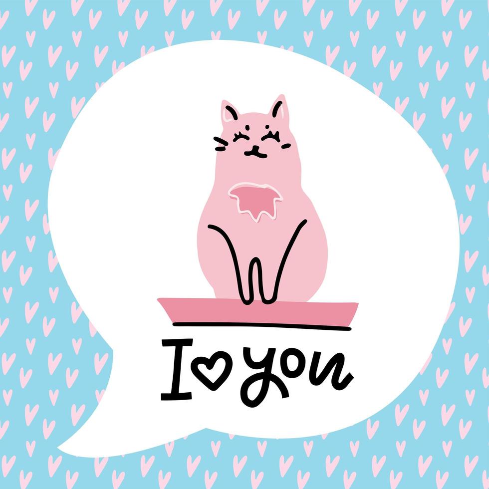 biglietto di auguri animale con gatto rosa. scritte - ti amo. gatto carino disegnato a mano. personaggio scandinavo dei cartoni animati. amore biglietto di auguri. stile di design piatto. modello di san valentino. vettore