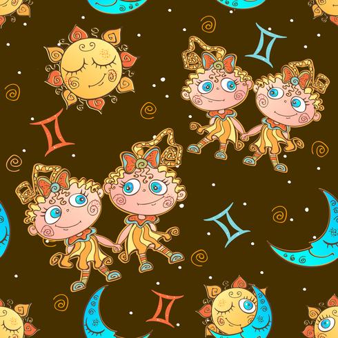 Un divertente modello senza cuciture per bambini. Segno zodiacale Gemelli. Vettore