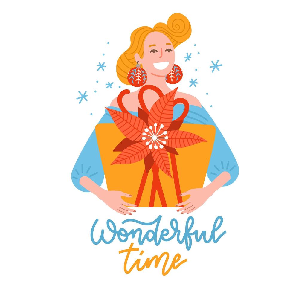 donna sorridente felice con grande confezione regalo decorata con fiocco e stella di Natale. concetto per la festa di natale e capodanno. design per biglietto di auguri, poster, cartoline, stampa. illustrazione isolata piatta vettoriale